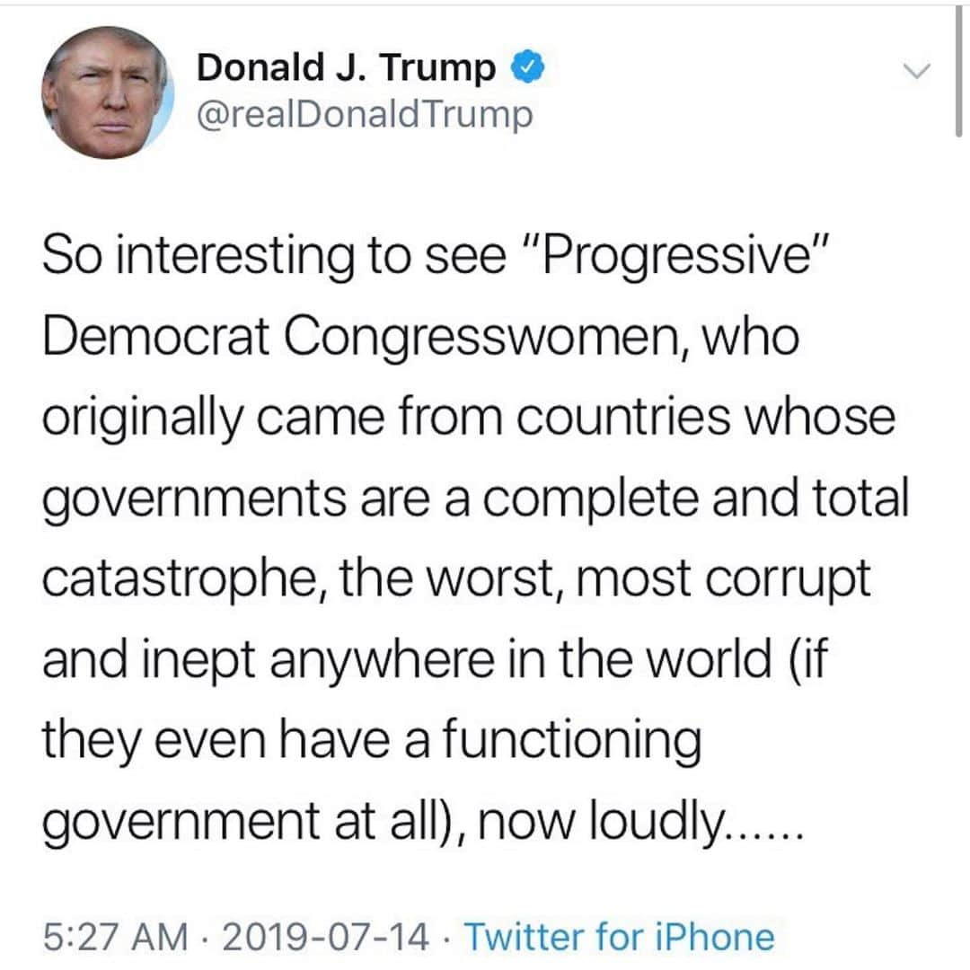 ジョーイ・ブラッグのインスタグラム：「This is blatant racism and misogyny on the most public scale. Before the only orange white nationalist heads to a golf course for the weekend he tweeted this horribly disgraceful racially charged rant at four women elected by the American people. It’s a constant shitstorm and it’s devastating to see how desensitized we’ve gotten.  We should be protesting in the streets until the concentration camps we have children dying in are closed and this old nazi is impeached and imprisoned. #impeach」