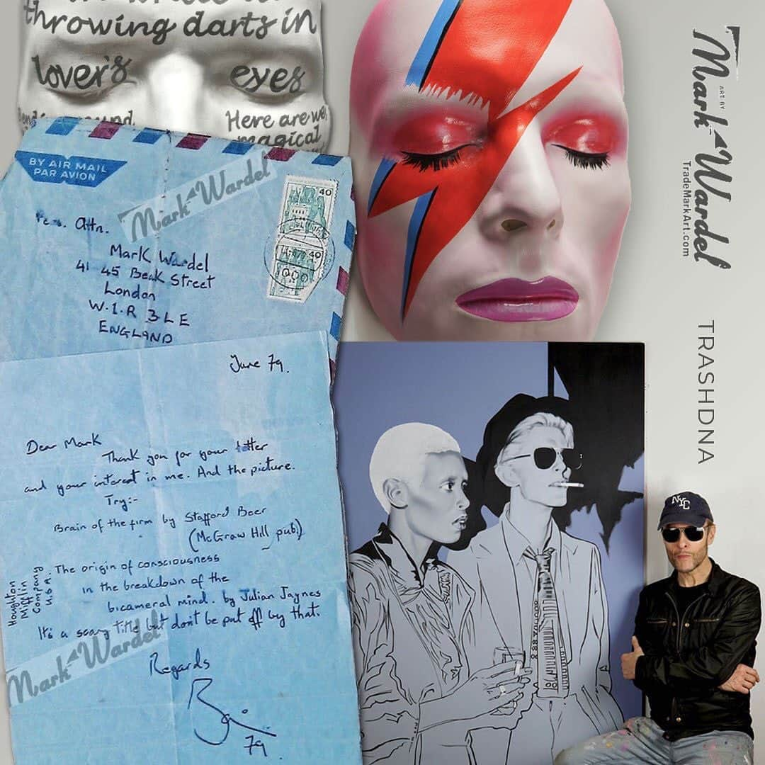 デヴィッド・ボウイさんのインスタグラム写真 - (デヴィッド・ボウイInstagram)「BOWIE FAN FOCUS 5: Mark Wardel  Our fifth Bowie Fan Focus is on Mark Wardel. The pictures here are partly explained in the heavily edited excerpt below. + - + - + - + - + - + - + - + - + - + - + - + - + - + - + ~ Most valuable Bowie possession you own on an emotional level? MW: The hand written letter Bowie sent me from Berlin in June 1979 (See montage) ...I couldn't believe my eyes when I unexpectedly received it at the Soho advertising agency where I had recently got my first job in London as a junior illustrator. I had taken one of the Bowie artworks I had made at art school to Capital Radio where Bowie was doing an interview in the hope of meeting him and giving him my painting and was hanging out with the hundreds of fans milling about outside the building. One of the fans introduced me to Bowie's lovely American PR lady, Barbara DeWitt, who told me that she thought the picture was great but that Bowie would not be coming out as they were frightened there would be a riot if he did and that she would put the picture in the boot of his car and make sure he got it.  This was thrilling enough for me and I soon forgot about it until a few months later when this mysterious air mail letter arrived at my work address. I'm still incredibly touched that David Bowie at the height of his fame, in Berlin, took the time to write me a thank you letter...even writing the envelope himself and presumably also licking the stamp! This is my most prized possession and something I would never consider selling. + - + - + - + - + - + - + - + - + - + - + - + - + - + - +  Read the full thing here, Mark has a great story to tell: https://smarturl.it/BFF05DBFB (Temp link on main page)  #BowieFanFocus」7月15日 9時08分 - davidbowie