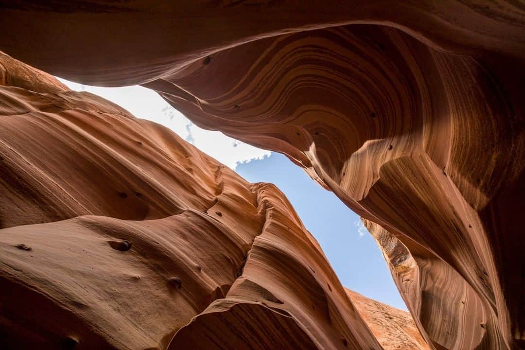 National Geographic Travelさんのインスタグラム写真 - (National Geographic TravelInstagram)「Photo by Aaron Huey @argonautphoto | Looking up at the sky through Zebra slots, shot on assignment in Southern Utah. The slot canyons of Escalante National Monument tell a tale of time, in waves of red sandstone, like no other. Follow  me, @argonautphoto, for both video and stills from these slots and other public lands.」7月15日 22時00分 - natgeotravel