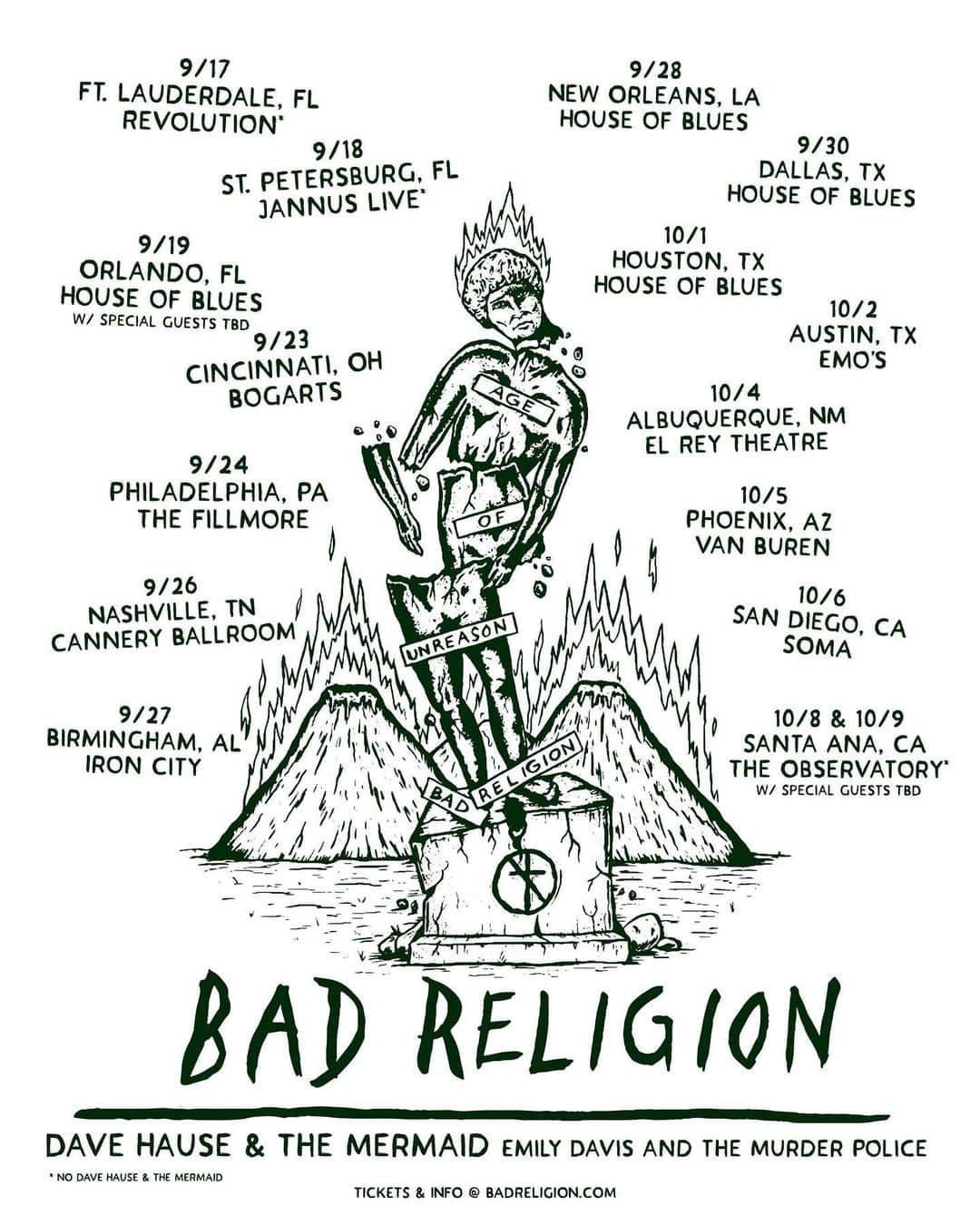 Bad Religionさんのインスタグラム写真 - (Bad ReligionInstagram)「Hey everyone, we have some more tour dates coming this fall! Tickets go on-sale this Friday at 10am local time, but you can get yours tomorrow (7/16) at 10am local time with presale code: ‘UNREASON’. badreligion.com/tour. #BadReligion #AgeOfUnreason」7月15日 23時00分 - badreligionband