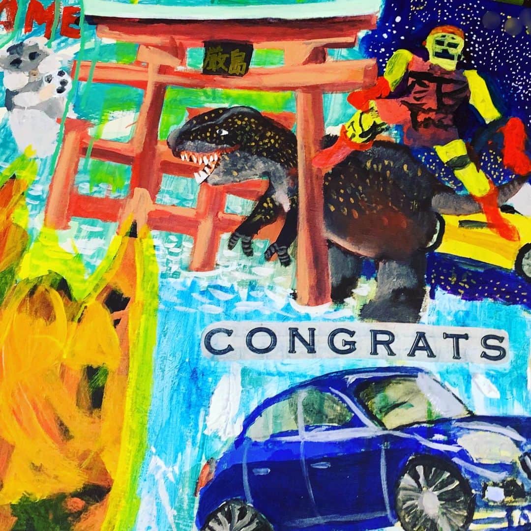 相川七瀬さんのインスタグラム写真 - (相川七瀬Instagram)「次男の油絵の最新作。 厳島神社の水上鳥居から ティラノサウルス。 力作だそうです。笑  #工作ブラザーズ  #油絵 #厳島神社」7月15日 23時05分 - nanasecat