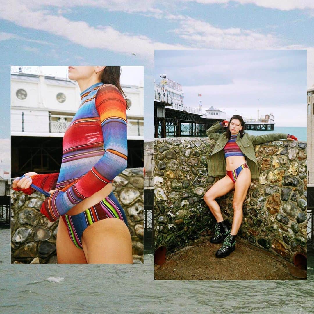のインスタグラム：「A day on Brighton beach with @fyirobyn trying to dodge tidal waves! Robyn is wearing our #hohxspeedo collaboration and new bits from our latest collection. 📷 @filmbytodd #houseofholland #speedo #prefall2019 @speedo」