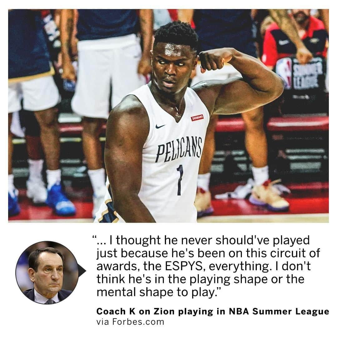 スポーツセンターさんのインスタグラム写真 - (スポーツセンターInstagram)「Coach K didn't think Zion should have played in Summer League at all.」7月16日 1時07分 - sportscenter