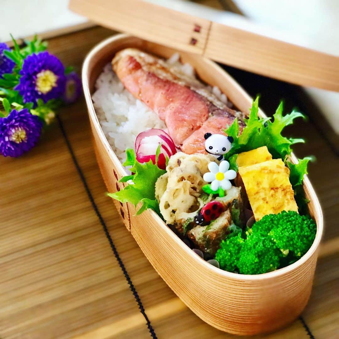 のインスタグラム：「娘ちゃんのお弁当。パンダがお花を摘みにきました 笑﻿ ﻿ ＊しゃけ﻿ ＊卵焼き﻿ ＊レンコンの素揚げ(少し米粉をはたく)﻿ ＊ちくわの磯辺揚げ﻿ ＊ラディッシュの即席漬け(塩麹)﻿ ﻿ #藤田りえ #アナウンサー #フリーアナウンサー #お弁当 #お弁当部 #お弁当記録  #曲げわっぱ #曲げわっぱ弁当 #弁当女子 #中学女子弁当 #お弁当pic  #お弁当女子  #お弁当作り楽しもう部  #お昼が楽しみになるお弁当  #bento #obento  #obentogram  #lunchbox」