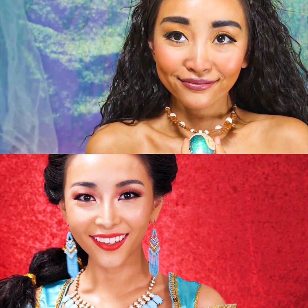 佐々木あさひのインスタグラム：「小麦色の肌に、同じウィッグで髪型作ったけど、輪郭・目の距離・鼻の高さも全然違う😂 並べると面白いね。顔に絵を描いてるだけなのにね。 メイクって魔法だね🧞‍♂️✨ #jasmine #moana #transformation #princessmakeup #disney #princessjasmine #ジャスミン #モアナ #makeup #ディズニーメイク」