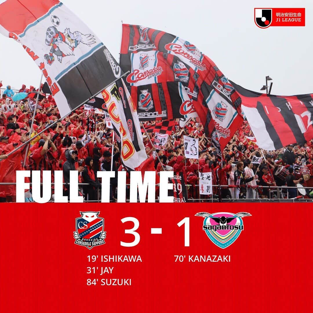 コンサドーレ札幌さんのインスタグラム写真 - (コンサドーレ札幌Instagram)「. FULL TIME!! 札幌3-1鳥栖 . 石川選手、ジェイ選手、鈴木選手の３点で、雨の聖地厚別決戦を制しました！ . どしゃ降りの中、たくさんのご声援をありがとうございました！ . #consadole#コンサドーレ #WATCHDAZN @DAZN_JPN #spogram . NEXT HOME GAME YBCルヴァンカップ第2戦 北海道コンサドーレ札幌vsジュビロ磐田 📅6/26(WED) ⏰19:00 🏟札幌厚別 . #consadole#コンサドーレ #Jリーグ#JLEAGUE #football#soccer #supporter#サポーター #soccerphotography #soccertime #北海道#HOKKAIDO #札幌#SAPPORO #厚別競技場#atsubetsustadium」6月22日 16時43分 - hokkaido_consadole_sapporo