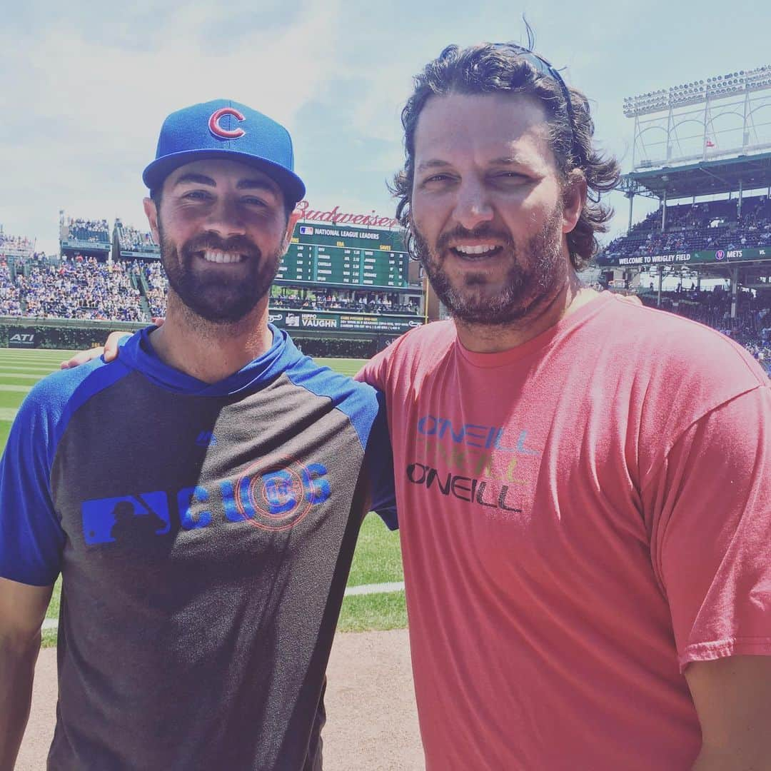 コール・ハメルズのインスタグラム：「Learned how to pitch watching this guy back in high school!  So fortunate to have him around to really show me how to play the game the right way, one of the best competitors and an amazing teammate! Great surprise to see him in Chicago. #mattwheatland #rbhsbaseball」