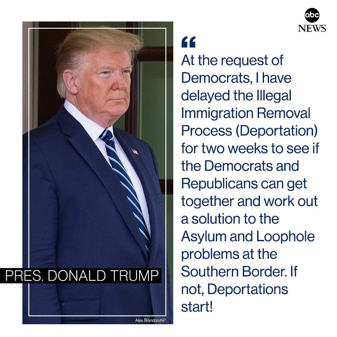 ABC Newsさんのインスタグラム写真 - (ABC NewsInstagram)「JUST IN: Pres. Trump says he is delaying ICE deportation raids targeting thousands of undocumented immigrants: “At the request of Democrats, I have delayed the Illegal Immigration Removal Process (Deportation) for two weeks.” #potus #trump #ice #immigration #deportation #abc #breaking #news」6月23日 4時33分 - abcnews