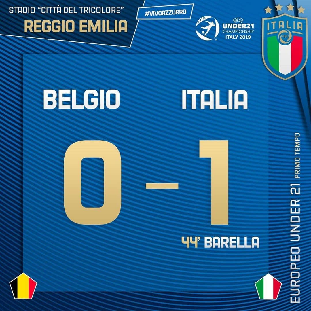 サッカーイタリア代表さんのインスタグラム写真 - (サッカーイタリア代表Instagram)「⏱ Fine primo tempo  #U21Euro 🇪🇺 🇧🇪🇮🇹 #BelgioItalia 0️⃣-1️⃣ ⚽️ 44’ #Barella 🏟 Stadio #CittàDelTricolore- #ReggioEmilia 📋 🇪🇸🇵🇱 #SpagnaPolonia 3-0  #Under21 #BelIta #VivoAzzurro」6月23日 4時49分 - azzurri