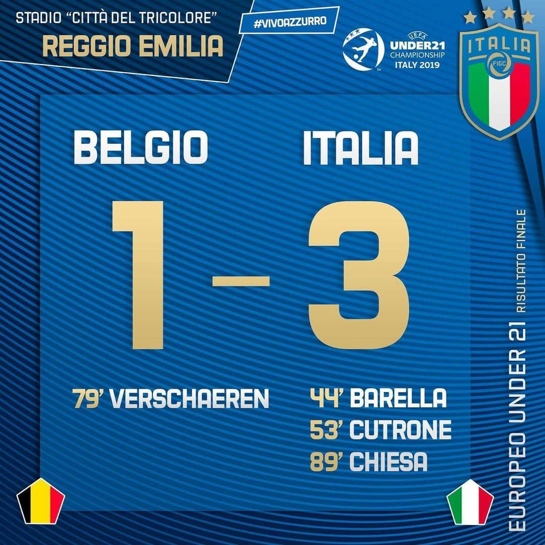 サッカーイタリア代表さんのインスタグラム写真 - (サッカーイタリア代表Instagram)「⏱Risultato finale  #U21Euro 🇪🇺 🇧🇪🇮🇹 #BelgioItalia 1️⃣-3️⃣ ⚽️ 44’ #Barella, 53’ #Cutrone, 79’ #Verschaeren, 89’ #Chiesa 🏟 Stadio #CittàDelTricolore- #ReggioEmilia 📋 Gli #Azzurrini superano il Belgio, ma la Spagna è prima. Non rimane che sperare di passare come migliore seconda.  #Under21 #BelIta #VivoAzzurro」6月23日 5時54分 - azzurri