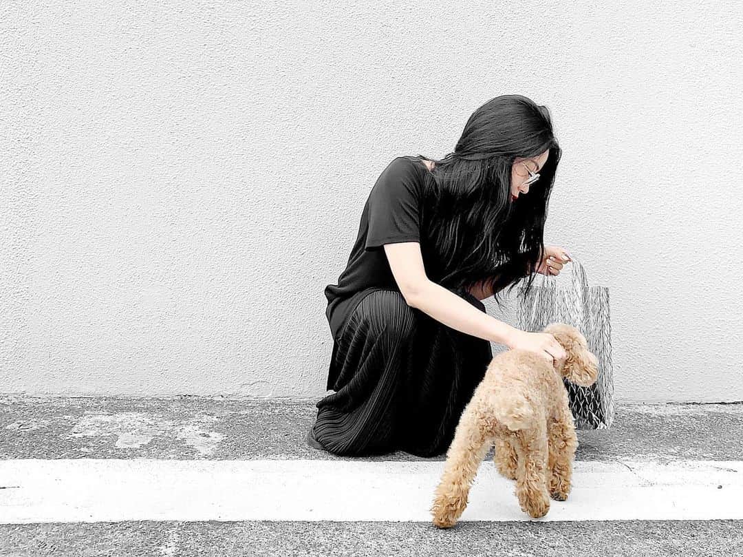 lve_xxxxのインスタグラム：「.﻿ .﻿ コーデ撮影オフショット😂﻿ ﻿ くらら様 🐩﻿ 写真撮ってたら走ってきた ﻿ たまらん🤤#親バカ﻿ ﻿ ※安全な敷地内で撮影しております。﻿ ﻿ #親バカ部 #トイプードル ﻿ #toypoodle #dog #くらら #🐩﻿ ﻿」