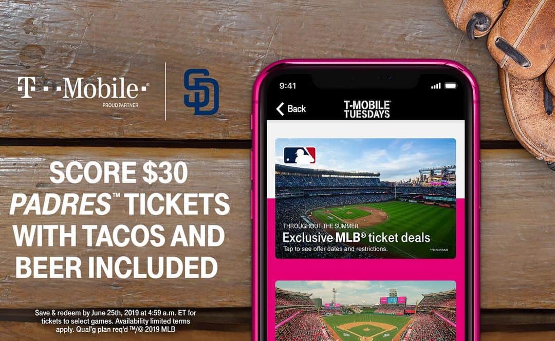 エリック・ホズマーのインスタグラム：「@TMobile is hooking up Padres fans with some tacos, a drink and a ticket to some of our games this season for $30. Snag this deal through the #TMobileTuesday app! #ad」