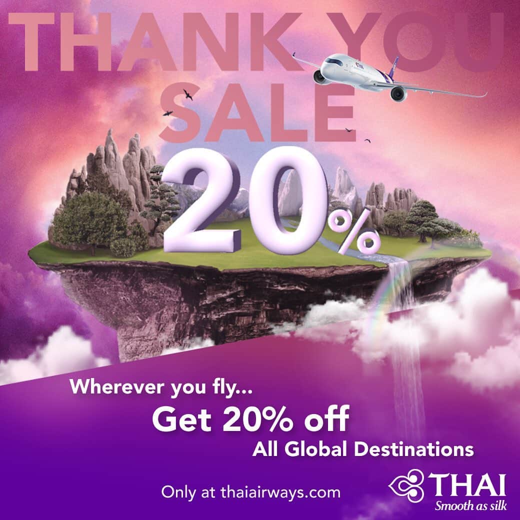 タイ航空さんのインスタグラム写真 - (タイ航空Instagram)「**FINAL DAY** . Wherever you fly, GET 20% OFF tickets to every global destination! . Until 24.00 today (GMT+7) . Book now at thaiairways.com . Note: Terms and conditions apply. . #ThaiAirways #ThankYouSale #GiftfromOurHearts #TGJourney」6月23日 15時12分 - thaiairways