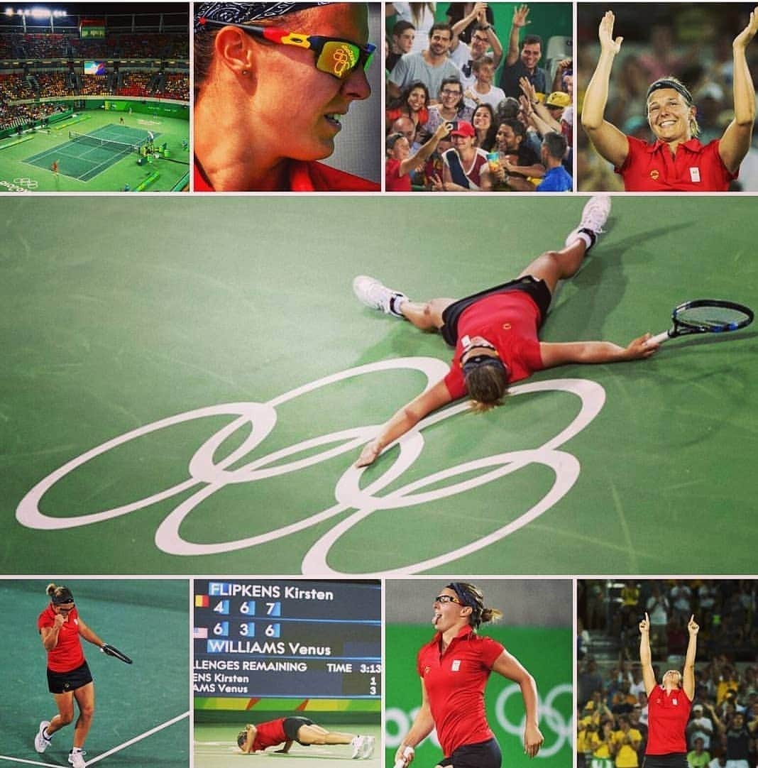 のインスタグラム：「Happy #Olympicday !  Throwback to one of my most memorable victory after 3h13 and 76 in the 3th set, against one of the biggest champions in our sport history. Venus Williams. Left my heart and all I have got out there, and even more. Will never forget those goosebumps this moment gave me 🖤💛❤ #olympicday #olympicgames #rio2016 #foralifetime #memory #teambelgium」