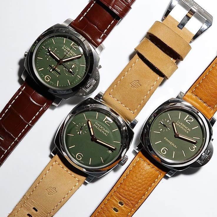 パネライのインスタグラム：「Tough choices in life. Which green dial beauty has your name on it?  The #PAM737 Luminor Marina Chrono, #PAM911 Luminor Marina “Last One For Paneristi”, or #PAM736 Radiomir 1940’s. Pic by @watchcollector.ph #paneraicentral」
