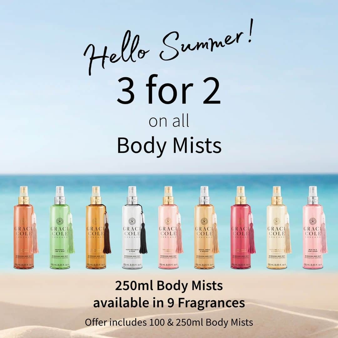 Grace Coleさんのインスタグラム写真 - (Grace ColeInstagram)「Stock up for the Summer months on these scent-sational Body Mists! 3 for 2 on all Body Mists, 250ml & travel friendly 100ml sizes.  Perfect for your summer vacay!  #body #bodymist #summer #summervacay #vacay #vacayready #travel #travelfriendly #summervibes #loveisland #fragrance #3for2 #offer #dontmissit」6月24日 0時00分 - gracecoleltd