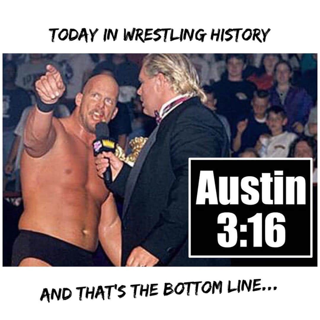 ストーン・コールド・スティーブ・オースチンのインスタグラム：「AUSTIN 3:16 SAYS I JUST WHOOPED YOUR ASS!!! 23 years ago today.  #austin316 #meccaarena  #milwaukee #kingofthering  #thunderbird #andthatsthebottomline causestonecoldsaidso #wwe #prowrestling  Image from SLTDWRESTLING」