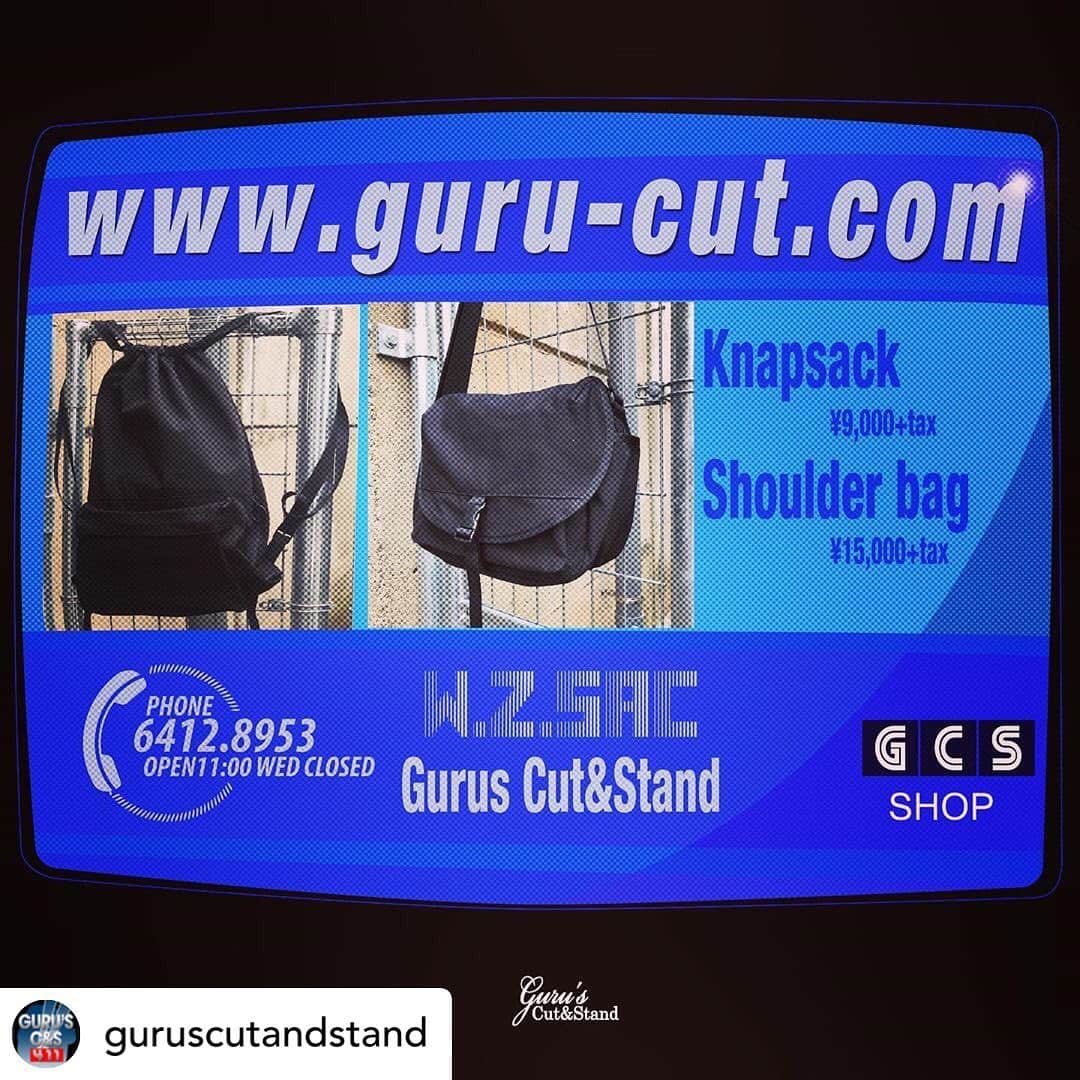 クーピーのインスタグラム：「Posted @withrepost • @guruscutandstand Guru’sCut&Stand × W.Z.SAC 6月29日発売 ナップサック ¥9,000＋税 ショルダーバッグ ¥15,000+税  #wzsac#gurusstand #guruscutandstand」