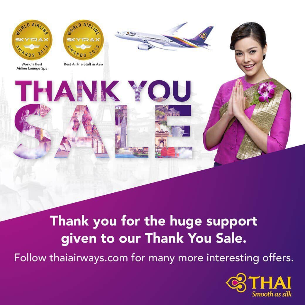 タイ航空さんのインスタグラム写真 - (タイ航空Instagram)「Thank you for the huge support given to our Thank You Sale. Please follow thaiairways.com for many more interesting offers, promotions, and privileges.」6月24日 9時30分 - thaiairways