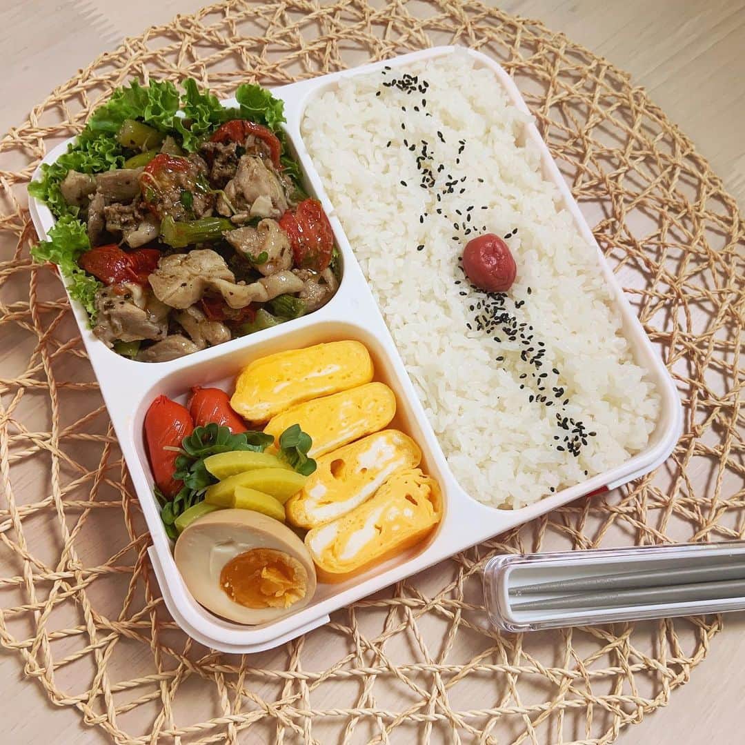 本田しおりのインスタグラム：「#今日のお弁当  #鶏モモ肉とアスパラのバジルイタリアン炒め#シンプル玉子焼き#赤ウインナー#たくあん#煮卵  #お弁当 #本田弁当 #旦那さん弁当 #神ちゃん弁当  #神弁」