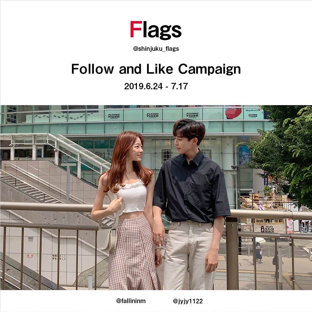 のインスタグラム：「🎆夏休みに新宿Flagsで買い物しよう！🎁 【Flagsギフト券プレゼントキャンペーン開催！】 本日よりFlagsの公式アカウントでは、フォロー＆いいね！でFlagsギフト券5,000円分が10名様に当たるキャンペーンを開催します🌟 ・ 韓国で大人気の @jyjy1122 さんと @fallininm さんに、欲しいアイテムを一言コメントと一緒に選んでいただきました✨ キャンペーン期間中は、実際に選んでいただいたアイテムを毎日ご紹介しますので、ぜひ2人が何を気に入ったのか楽しみに見てくださいね♪ ・ ▼登場モデル @jyjy1122 @fallininm ・ ▼プレゼントキャンペーン詳細 当アカウントをフォローして、こちらの投稿をいいね！するだけで応募は完了♪ 応募期間は2019年7月17日(水)23:59までです！ ご応募いただいた中から合計で10名さまに、Flagsで使えるFlagsギフト券5,000円分をプレゼントします！ ぜひキャンペーンに参加して、Flagsでのショッピングをお楽しみください♪ ・ ：応募方法 ① @shinjuku_flags の公式アカウントをフォローする ②このキャンペーン告知投稿にいいね！する ：応募資格 Instagramを公開設定にしている当アカウントのフォロワーさま ：応募期間 2019年7月17日(水)23:59まで 当選者の方には、キャンペーン終了後InstagramのDMにてご連絡いたします。 当選はDM連絡をもって代えさせていただきます。」