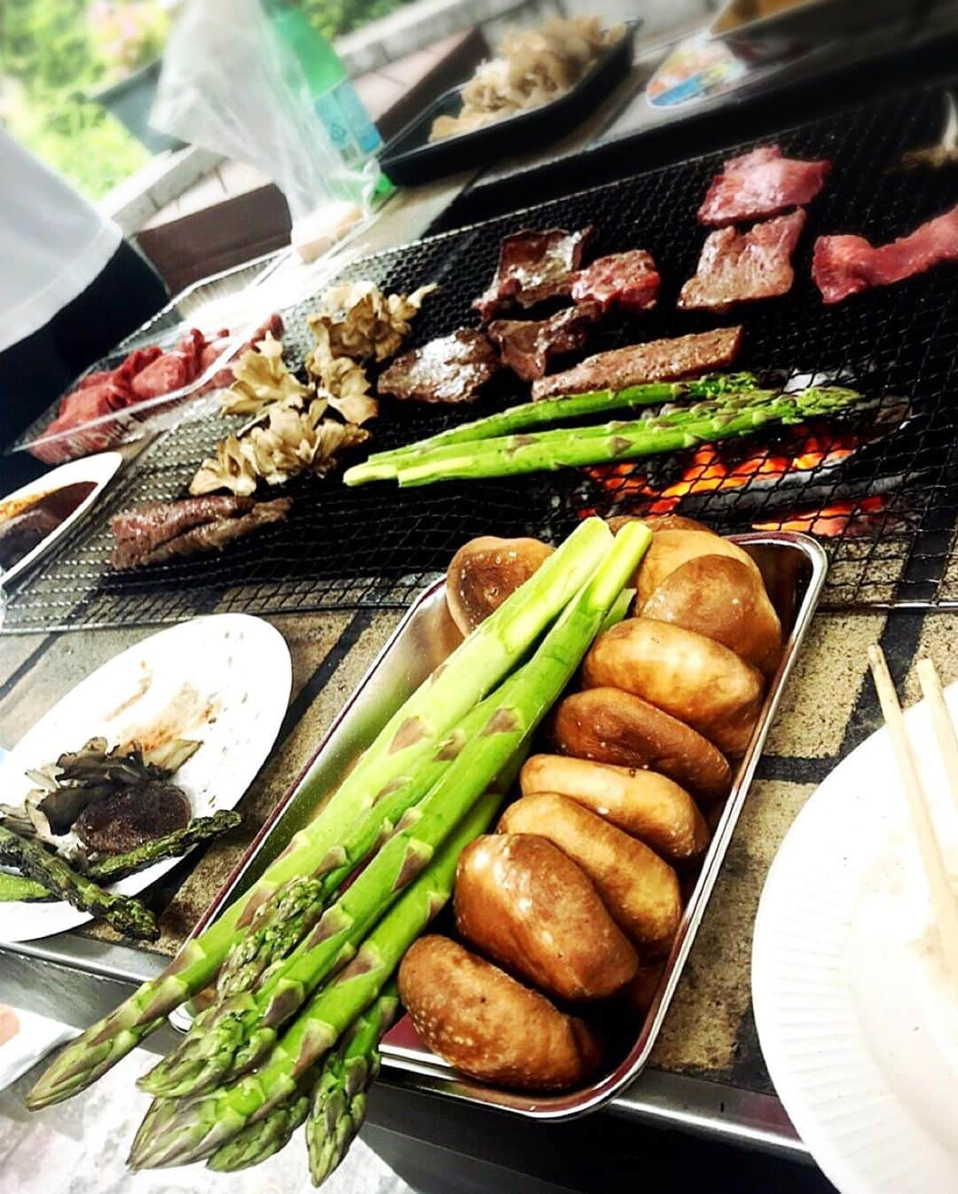 吉田玲奈さんのインスタグラム写真 - (吉田玲奈Instagram)「先週のBBQ🍖 のぶちゃんと合同でした♡♡♡ 入れ替わり立ち替わり総勢40名越え？の賑やかな会となりました♫ またまた飾り付けのスイッチオンして楽しすぎた❤️😘 皆様どうもありがとうございました✨ また遊んでくださいねーー♫ のぶちゃんお疲れさま😘 #BBQ #バーベキュー女子 #テント #パラソル⛱ #パラソル #雨降ったけど屋根付き #最高 #肉 #フルーツ #飾り切り #ナホちゃんありがとう #モツァレラ生ハム巻き #ガーデンサーバー #サラダバー #サーモンの刺身 #デザート #美味しい肉 #トイプードル #アロハちゃん #ルーシー #泥だらけ #犬4匹も一緒  #楽しい会 #初めましての人がほとんど #みんな優しい #ありがとうございました #reinaごはん」6月24日 22時34分 - reina.yoshida.ciel.1218