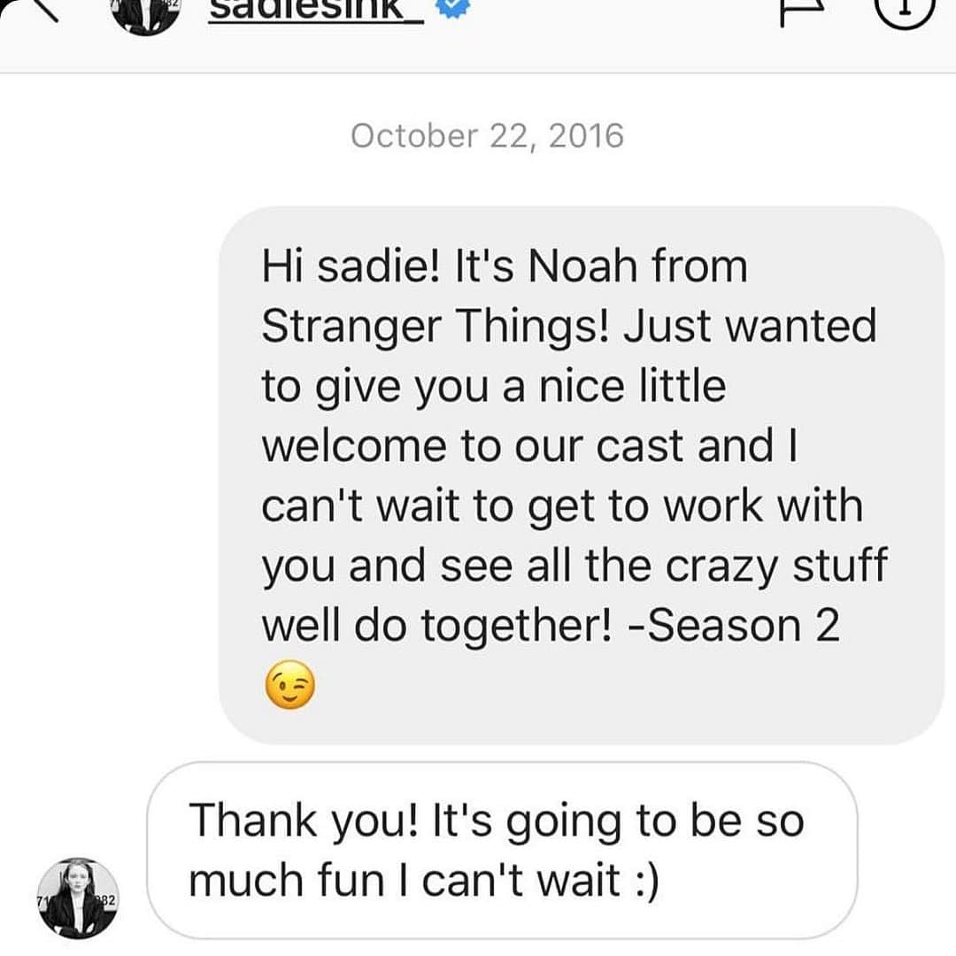 ネットフリックスさんのインスタグラム写真 - (ネットフリックスInstagram)「@noahschnapp posted this qt dm he sent @sadiesink_ welcoming her to the cast before season 2. look how far they’ve come 😍😩」6月25日 3時21分 - netflix
