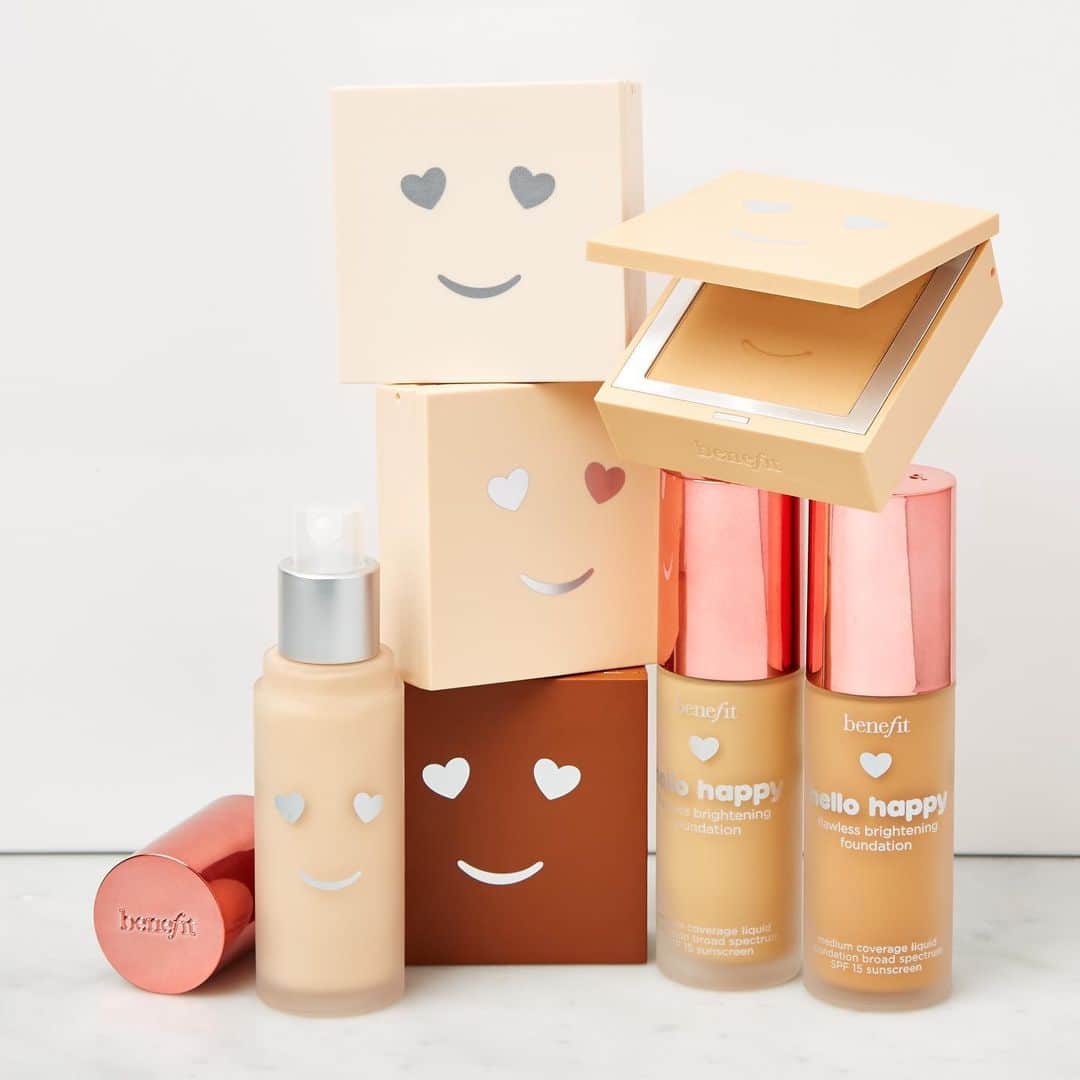 Saks Fifth Avenueのインスタグラム：「DROPPING TOMORROW: The @benefitcosmetics Hello Happy collection is coming to a vanity near you. Get ready to add these foundations into your #MondayMorningArmor routine. #SaksBeauty」