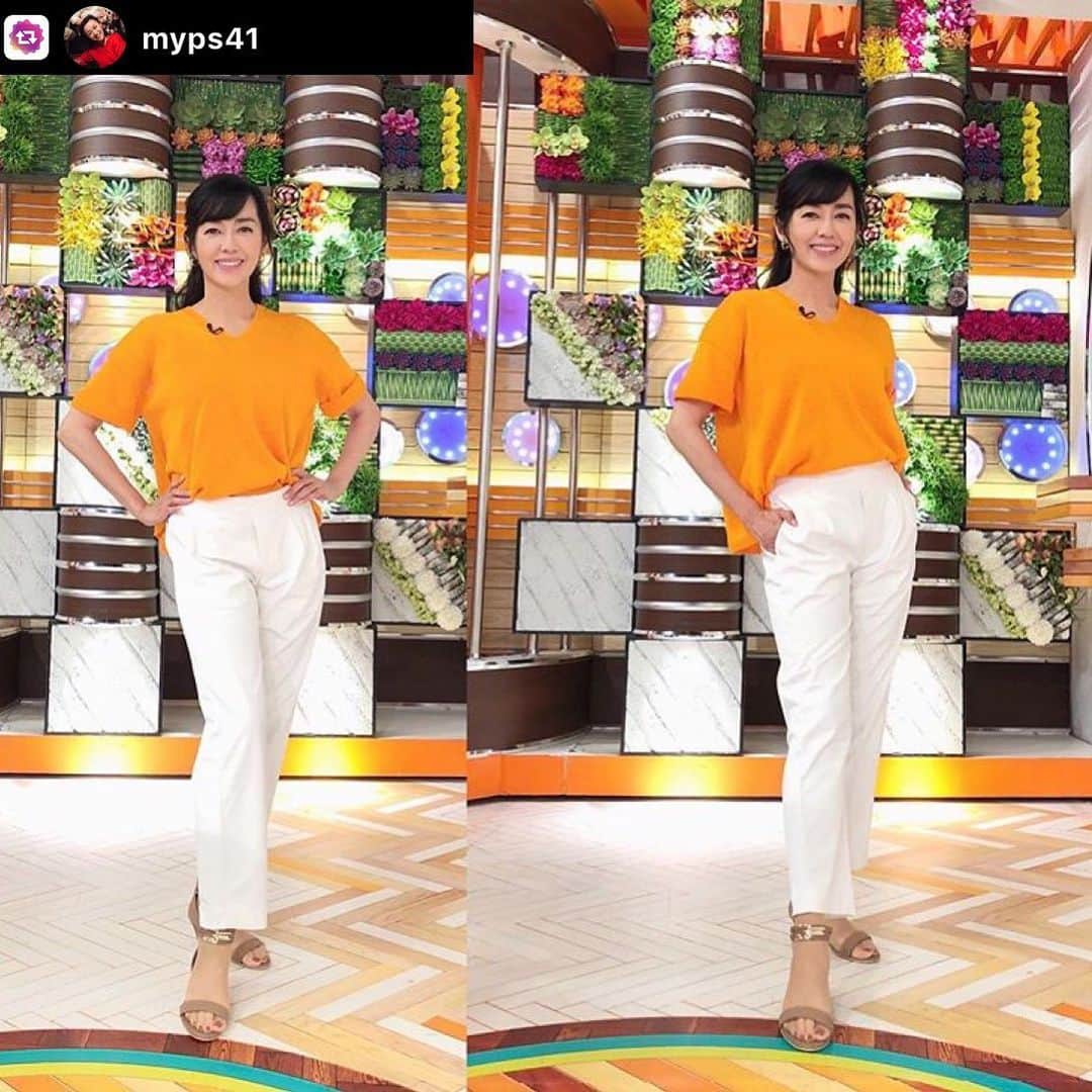 のインスタグラム：「TBS おびマルシェ 衣装は、夏らしいオレンジ🍊色のトップス #littlehappiness #fashion #summerfashion #夏ファッション」