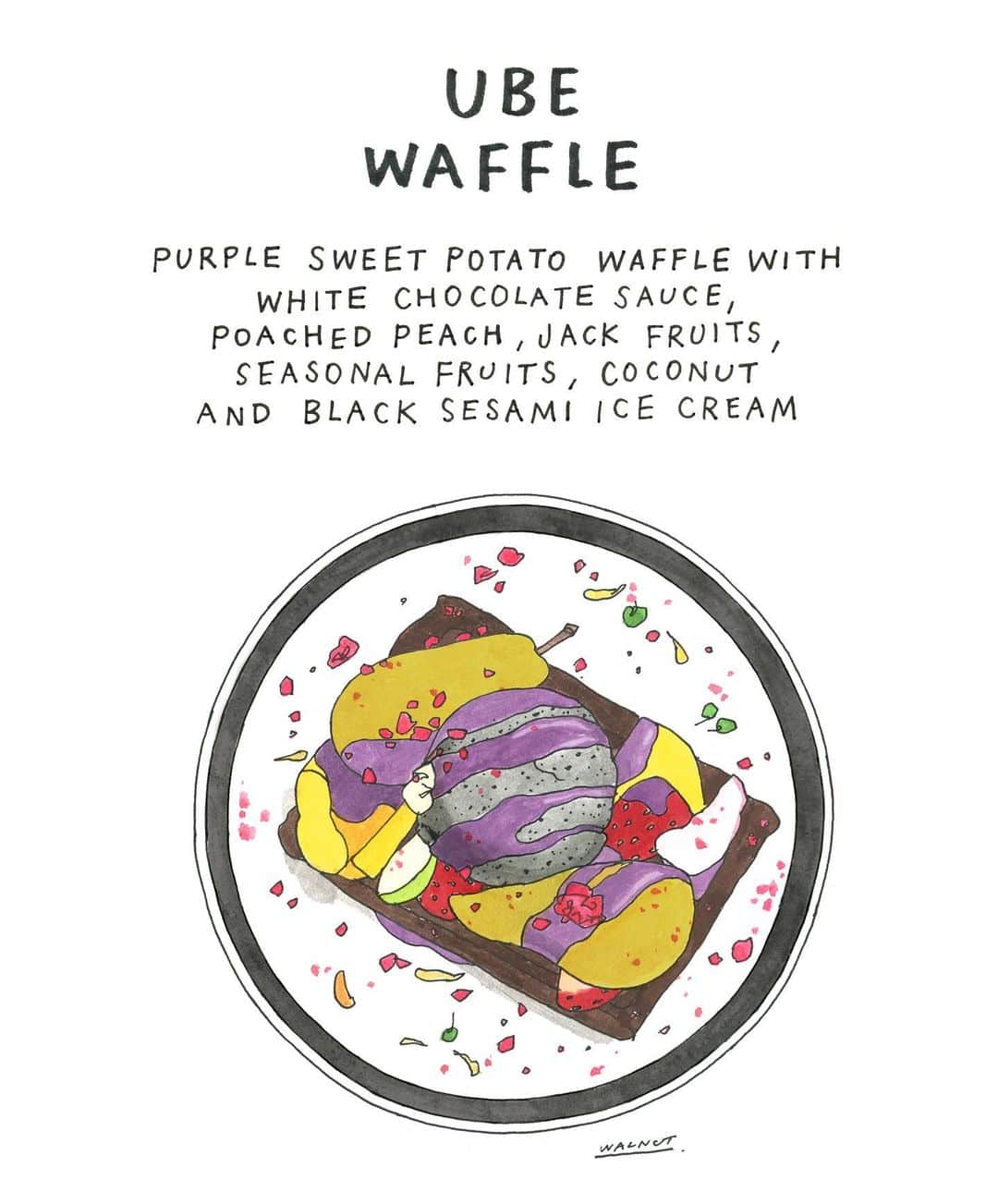 WALNUTさんのインスタグラム写真 - (WALNUTInstagram)「メルボルン 食の記録🇦🇺🍴 中心地から少し離れた場所にあるカフェ @operator25cafe のUbe Waffle。 季節のフルーツをふんだんに使った色鮮やかな一皿。 ウベソースがたっぷりかかったアイスとワッフルを一緒に頬張るのは至福のとき🥺❤️ #walnut_foodillustration」6月25日 20時07分 - walnut_illustration