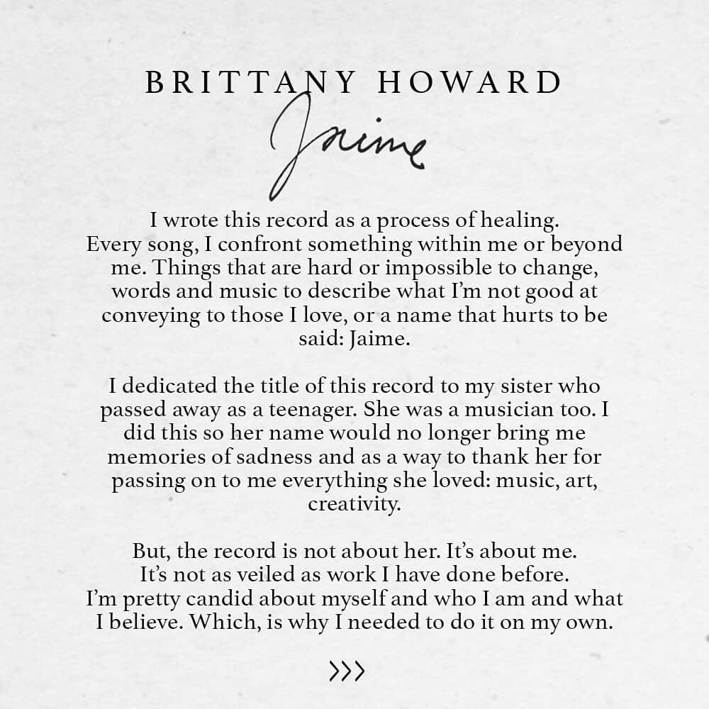 アラバマ・シェイクスのインスタグラム：「Brittany is excited to announce “Jaime”, her debut solo album coming September 20.  Follow @blackfootwhitefoot or visit www.brittanyhoward.com for more information on upcoming tour dates, pre order and to hear the first song “History Repeats”.」