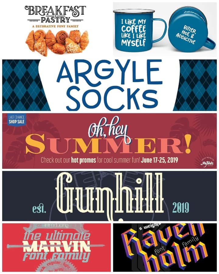 myfontsさんのインスタグラム写真 - (myfontsInstagram)「LAST CHANCE - There are over 140 font families on sale during this week - showcased here are two of the participating foundries -  @MissyMeyer - typefaces up to 50% OFF  argyle socks Raisin Rage Mystical Woods Puckery Tart blorp Orchid Key Breakfast Pastry  @NREY - typefaces up to 75% OFF  Gunhill Voguer Sans Skiff Sansterdam Heartland Ravenholm Marvin Slab Waymar Ethna Oblique Rain Cadency Fontuna Phagoth  See link to the sale in the bio for the entire list of ON SALE ITEMS!」6月26日 2時03分 - myfonts