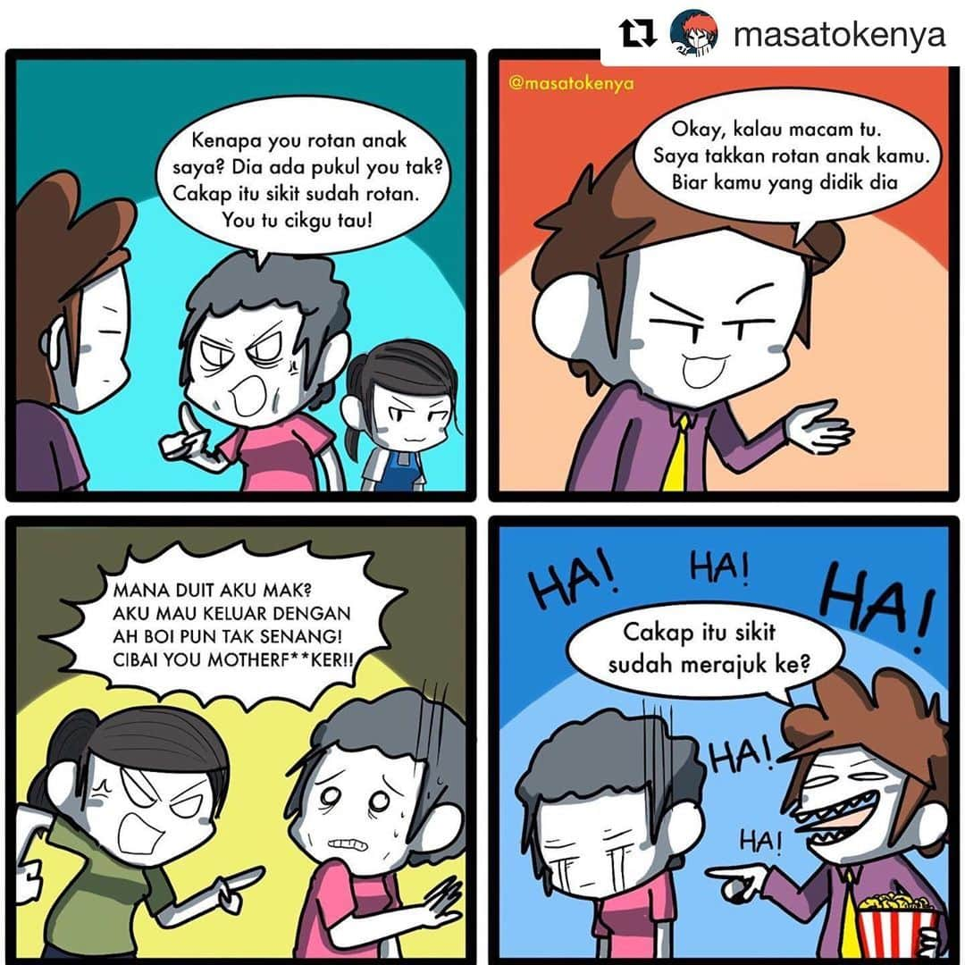 Koleksi Komik Malaysiaさんのインスタグラム写真 - (Koleksi Komik MalaysiaInstagram)「#Repost @masatokenya with @get_repost ・・・ Budak-budak zaman sekarang memang manja sangat sampai nak tegur sikit nak mengadu. Nak rotan, keluar kad “penderaan”. Nak tengking, keluar kad “perkauman”. Takkan nak saman-menyaman pulak? Dah macam budak kecik hina  gemuk, keding pulak.. Sabar jer la wahai pendidik  #masato #popcorn」6月25日 20時57分 - tokkmungg_exclusive