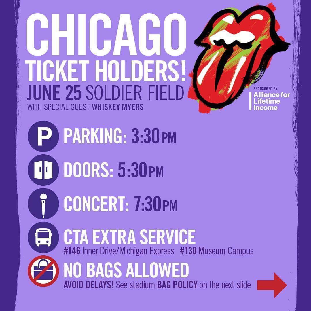 The Rolling Stonesさんのインスタグラム写真 - (The Rolling StonesInstagram)「Hey Chicago, are you ready for round two tonight?! Here's a reminder of the bag policy and other useful info.. SWIPE!! Our special guest tonight is Whiskey Myers, make sure you're there to catch them! #stonesnofilter #therollingstones #tour #knowbeforeyougo #chicago」6月25日 22時50分 - therollingstones