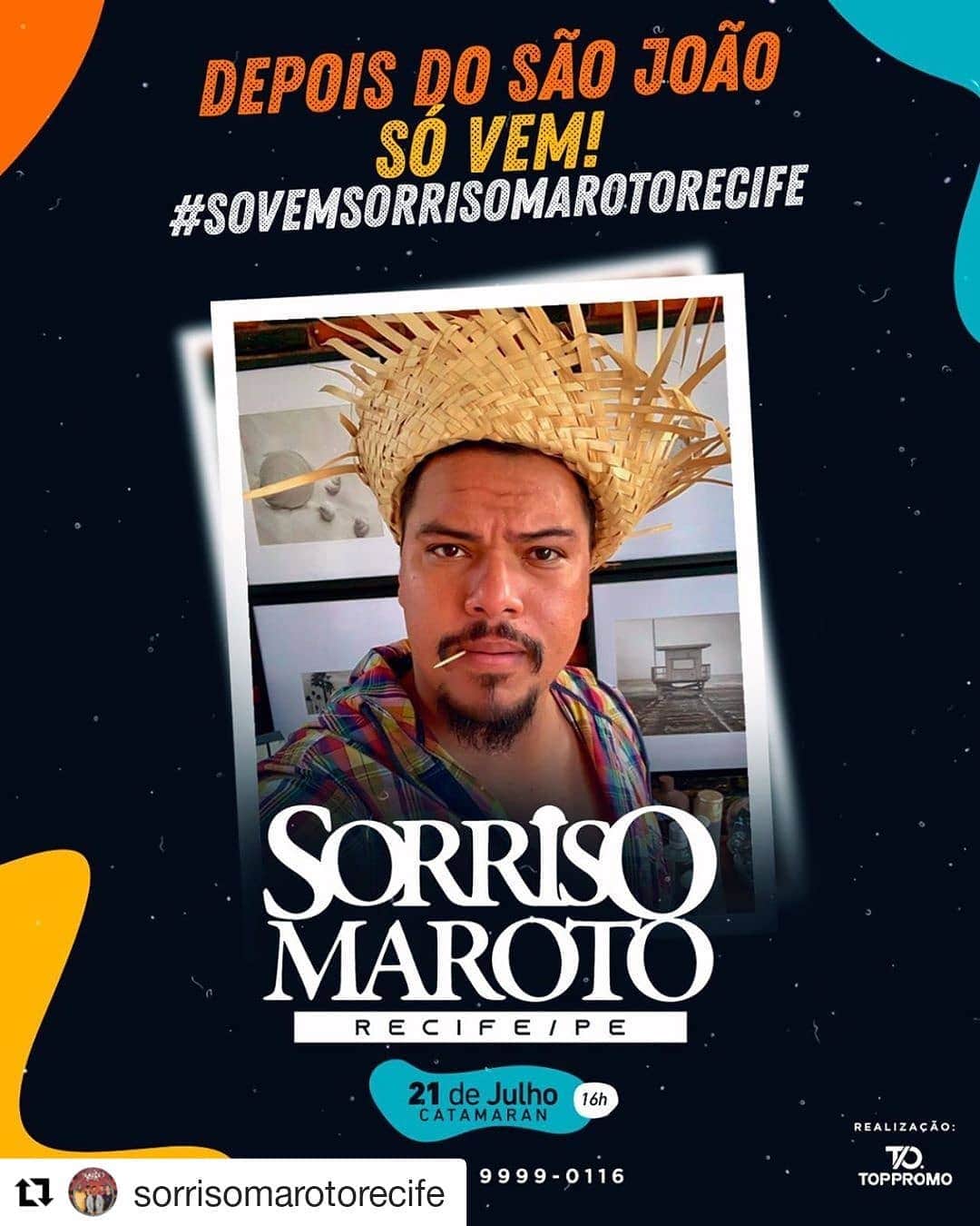 Sorriso Marotoのインスタグラム：「Alô, Recifeeee! Bruno Chico Bento Cardoso já tá no clima do #Anarriê e dia 21/JUL vai ser tudo nosso no Catamaran! 😀 Corre que os ingressos estão esgotando!  #Repost @sorrisomarotorecife ・・・ 🌽 Bom São João pra quem já garantiu seu ingresso com valor promocional, pra quem não garantiu, corre que tá perto do fim, e bom São João também. 🌽 . @bcbrunocardoso já deu o aviso ⚠ . Vendas: Figueiras  l Ingresso Prime | Ticket folia  l Recife Ingressos | Vita Brasil Net. . On line :  bilheteriadigital.com.br  Alohaingresso.com.br . Informações : 9 9999-0116 @toppromonatal @sorrisomarotorecife 😍. #SorrisomarotoRecife #SorrisoMaroto」
