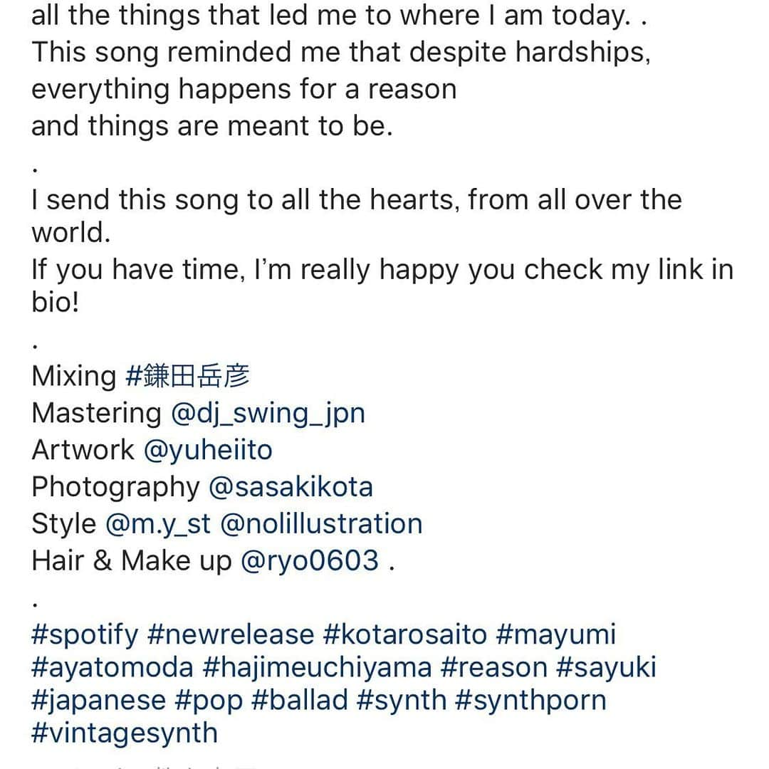 SAYUKIさんのインスタグラム写真 - (SAYUKIInstagram)「作詞しました！本日リリースの新曲「Reason」 @spotifyjp でプレイリストに入っています✨ ぜひ聴いて下さい🙏💕 #kotarosaito #spotify #spotifyplaylist #songwriting #作詞 #歌詞提供 #MAYUMI #hajimeuchiyama  #reason #everythinghappensforareason #outToday #新曲リリース」6月26日 10時53分 - sayukisvoice