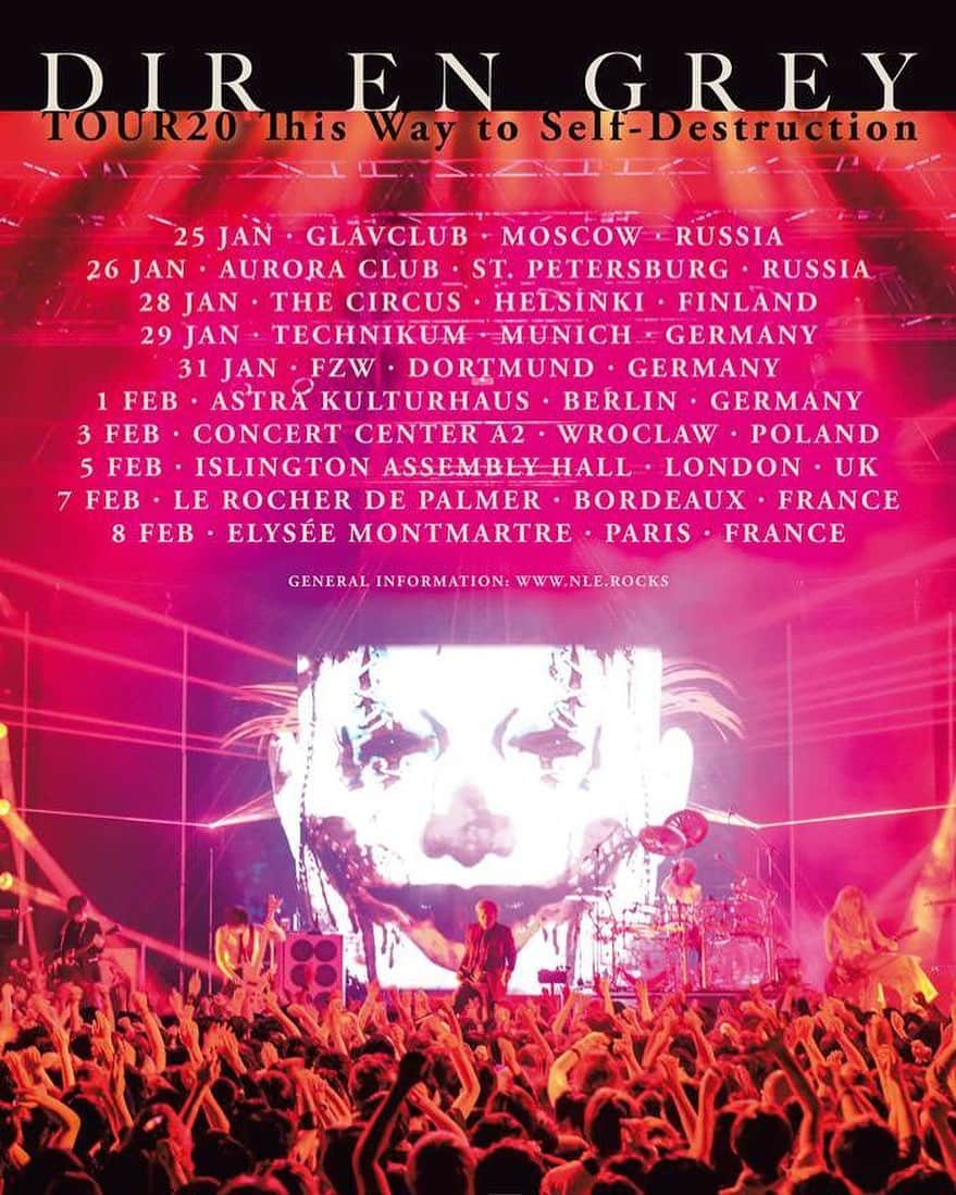 DIR EN GREYさんのインスタグラム写真 - (DIR EN GREYInstagram)「[TOUR20 This Way to Self-Destruction Ticket Sale]﻿ ﻿ Can’t wait to join DIR EN GREY on their Europe tour “TOUR20 This Way to Self-Destruction”?﻿ ﻿ No need to wait much longer! We are delighted to inform you that regular tickets will go on sale this Friday, June 28th 12:00 PM CET already!﻿ ﻿ For all information and ticket links please check either NINE LIVES ENTERTAINMENTs website or the concert halls websites.﻿ ﻿ Also, further good news – yes there will be VIP upgrades available! However, information will be disclosed at a later date, so please keep your eyes on NINE LIVES ENTERTAINMENTs website and wait for further information.﻿ ﻿ Of course we will inform you as soon as all details are available!﻿ ﻿ https://nine-lives-entertainment.com/﻿ ﻿ #DIRENGREY﻿」6月26日 12時12分 - direngrey_official