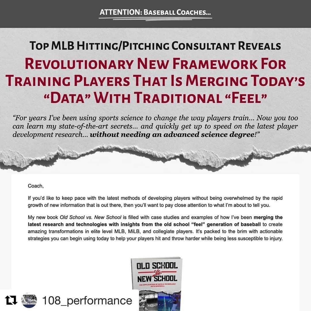 ティム・ディケイのインスタグラム：「Baseball players/coaches: If you’d like to keep pace with the latest methods of developing players without being overwhelmed by the rapid growth of new information that is out there, then you’ll want to pay attention to this book...Old School vs. New School 108PA.com/Book」