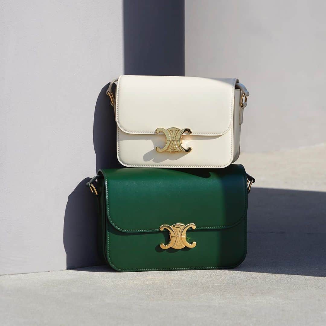 Saks Fifth Avenueのインスタグラム：「HANDBAG HEROES: @celine’s Triomphe bag designed by @hedislimane needs no introduction. The golden “C” was first introduced in 1973, inspired by Paris’ Arc de Triomphe. Available in Saks stores. #SaksStyle」