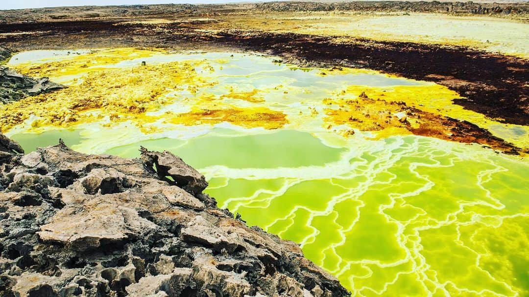 スリーアズフォーのインスタグラム：「“Danakil” our latest resort 2020 collection: #threeasfour welcomes  2020 with an increasing concern about climate change ... in these precarious times the question of how life started on Earth becomes extremely precious. This quest has led the first scientific expedition into the hellish environment of the Dallol salt dome in the Danakil Desert in Ethiopia.  Life – in the form of single-celled organisms – appeared on Earth around 3.8 billion years ago, during the Archean eon, as the Earth’s crust first began to poke out of the sea. In this hot, acidic and volcanic environment, geology prevailed over biology – much like it does in Dallol.  #Danakil #danakildesert #ethiopia #climatechange」