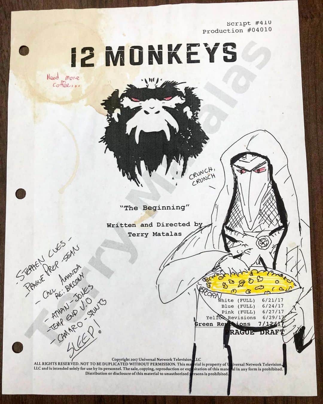 Terry Matalasさんのインスタグラム写真 - (Terry MatalasInstagram)「Hey guys - I’m donating a custom doodle on the #12Monkeys finale script cover for the Cancer Get Lost TV Writers Room Doodles Charity Auction! 100% to benefit the children’s cancer org @pablove, our auction is curated by @OKBJGM & opens online August 21. Link in bio!」6月27日 1時41分 - terrymatalas