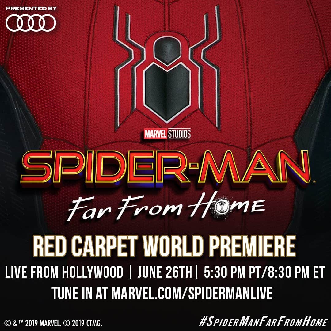 Marvel Entertainmentさんのインスタグラム写真 - (Marvel EntertainmentInstagram)「TONIGHT! We're going live from the Hollywood red carpet world premiere of #SpiderManFarFromHome at 5:30pm PT/8:30pm ET. Tune in to our livestream for interviews with the cast and more on marvel.com/spidermanlive, presented by @audi!」6月27日 2時45分 - marvel