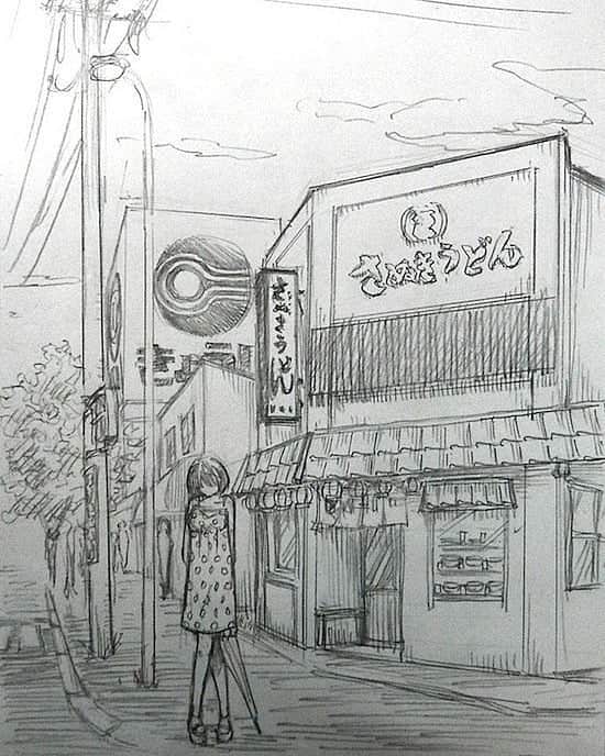 若狭たけしさんのインスタグラム写真 - (若狭たけしInstagram)「手稲本町にあったパン屋さんサンブランと、その向かいにあったさぬきうどん屋さん。サンブランの隣（建物繋がって）には本と文具のだいいちがありました。　#手稲 #手稲絵 #札幌 #風景画 #鉛筆画 #イラスト #illustration #手稲本町 #手稲本町商店街」6月28日 9時00分 - takeshi_wakasa