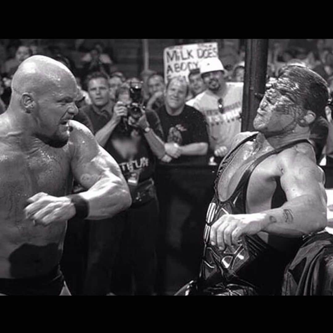 ストーン・コールド・スティーブ・オースチンのインスタグラム：「Whooping @therealkurtangle ass during a PPV many eons ago. #tbt #wwe #stonecold  #whoopass #316」