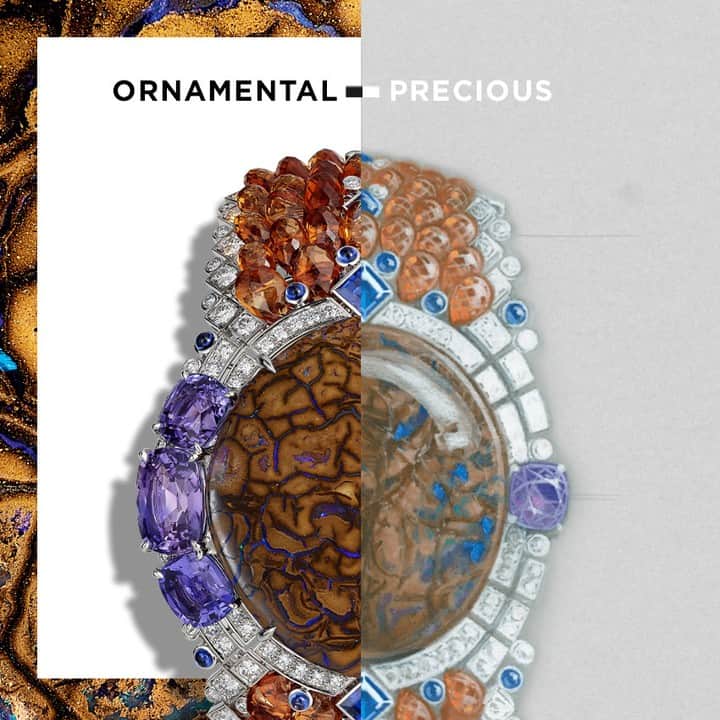 のインスタグラム：「An unexpected encounter. A captivating matrix opal matches perfectly with blue and purple sapphires and diamonds.  #HighJewelry #CartierHighJewelry #CartierMagnitude」