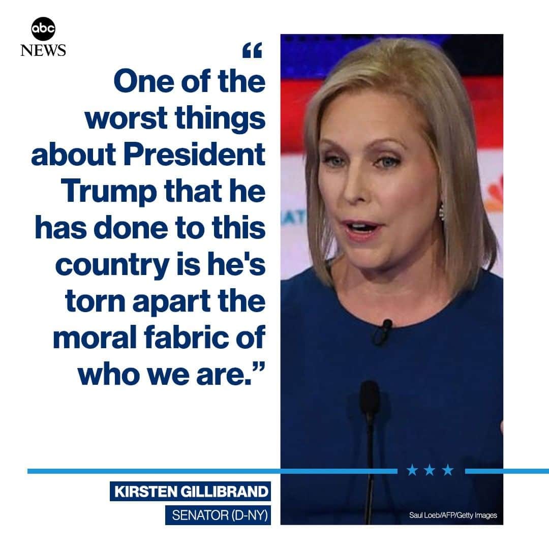 ABC Newsさんのインスタグラム写真 - (ABC NewsInstagram)「Sen. Kirsten Gillibrand: "One of the worst things about Pres. Trump that he has done to this country is he's torn apart the moral fabric of who we are." #DemDebate」6月28日 10時53分 - abcnews