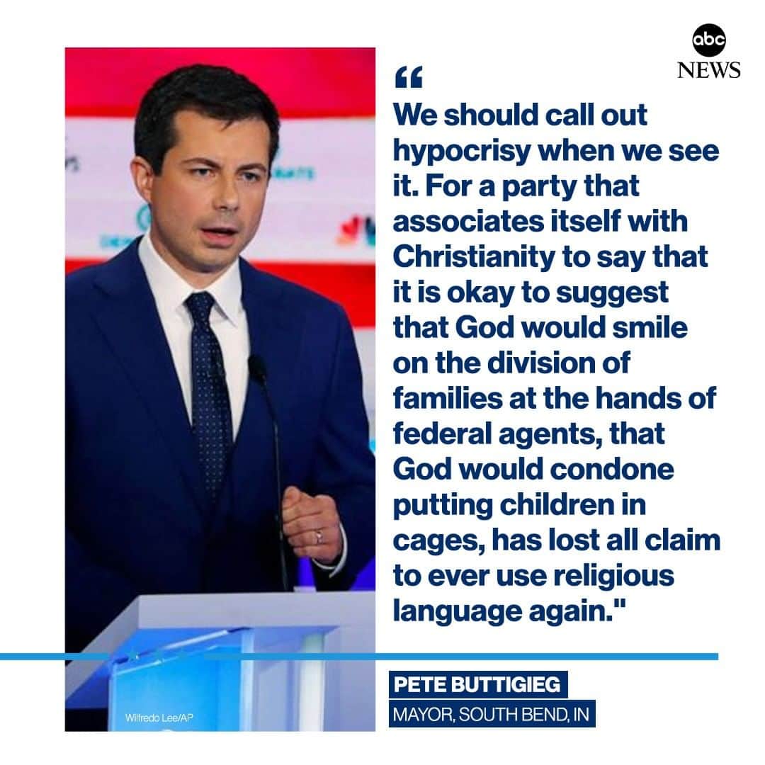 ABC Newsさんのインスタグラム写真 - (ABC NewsInstagram)「Mayor Pete Buttigieg: "For a party that associates itself with Christianity to say...that God would condone putting children in cages, has lost all claim to ever use religious language again." #DemDebate」6月28日 11時48分 - abcnews
