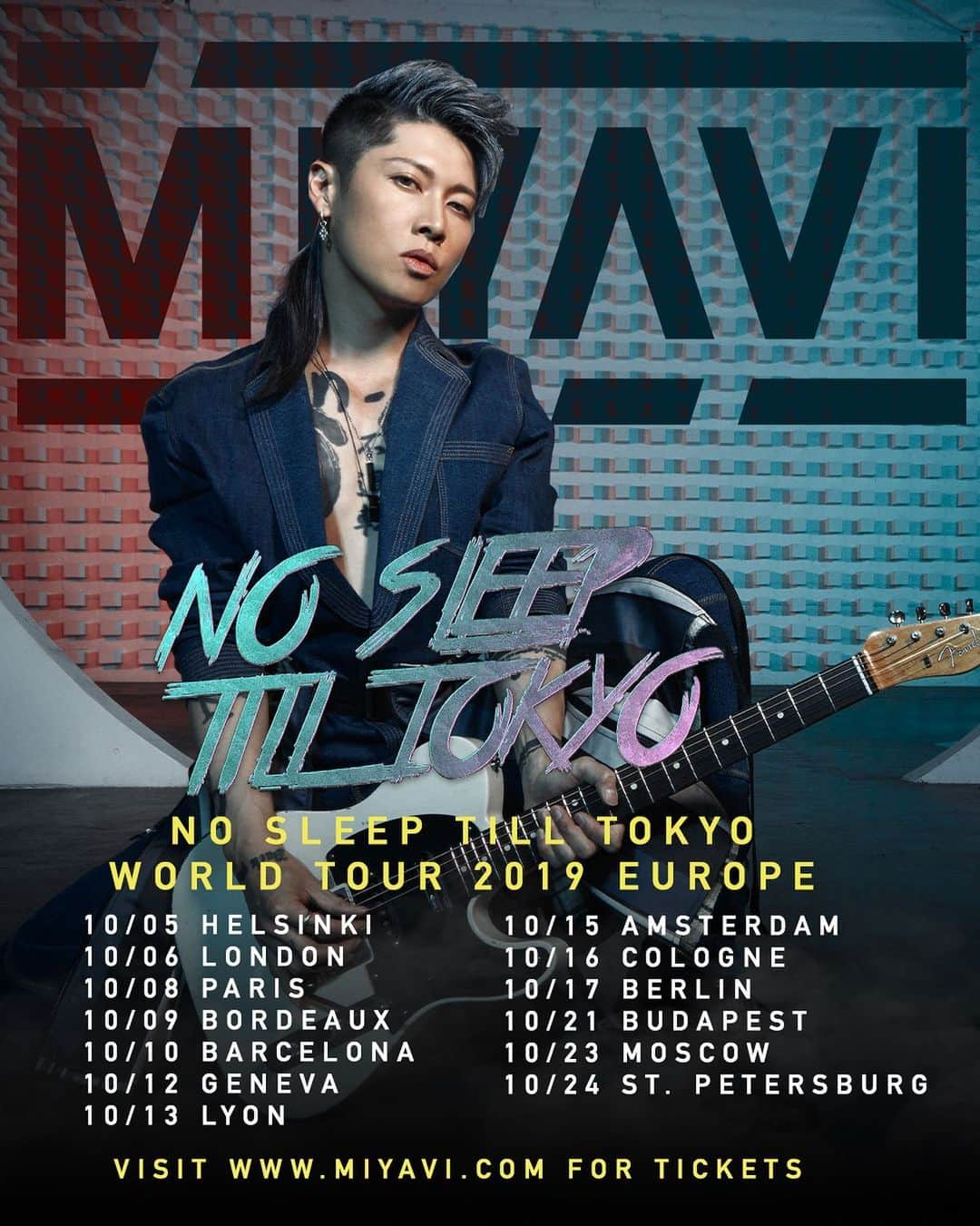 MIYAVI（石原貴雅）さんのインスタグラム写真 - (MIYAVI（石原貴雅）Instagram)「GOOD MORNING EUROPE! 👉www.miyavi.com for tickets!  10/05 Helsinki | Tiivistämö 10/06 London | Islington Assembly Hall 10/08 Paris | O'Sullivans Backstage By The Mill 10/09 Bordeaux | Rock School Barbey 10/10 Barcelona | Salamandra 10/12 Geneva | Moulin Rouge 10/13 Lyon | Le Transbordeur 10/15 Amsterdam | Melkweg 10/16 Cologne | Essigfabrik 10/17 Berlin| Columbia Theater 10/21 Budapest | Barba Negra Music Club 10/23 Moscow| Glavclub Green Concert 10/24 St. Petersburg | Aurora Concert Hall #MIYAVI #NOSLEEPTILLTOKYO #NSTT」6月28日 15時04分 - miyavi_staff