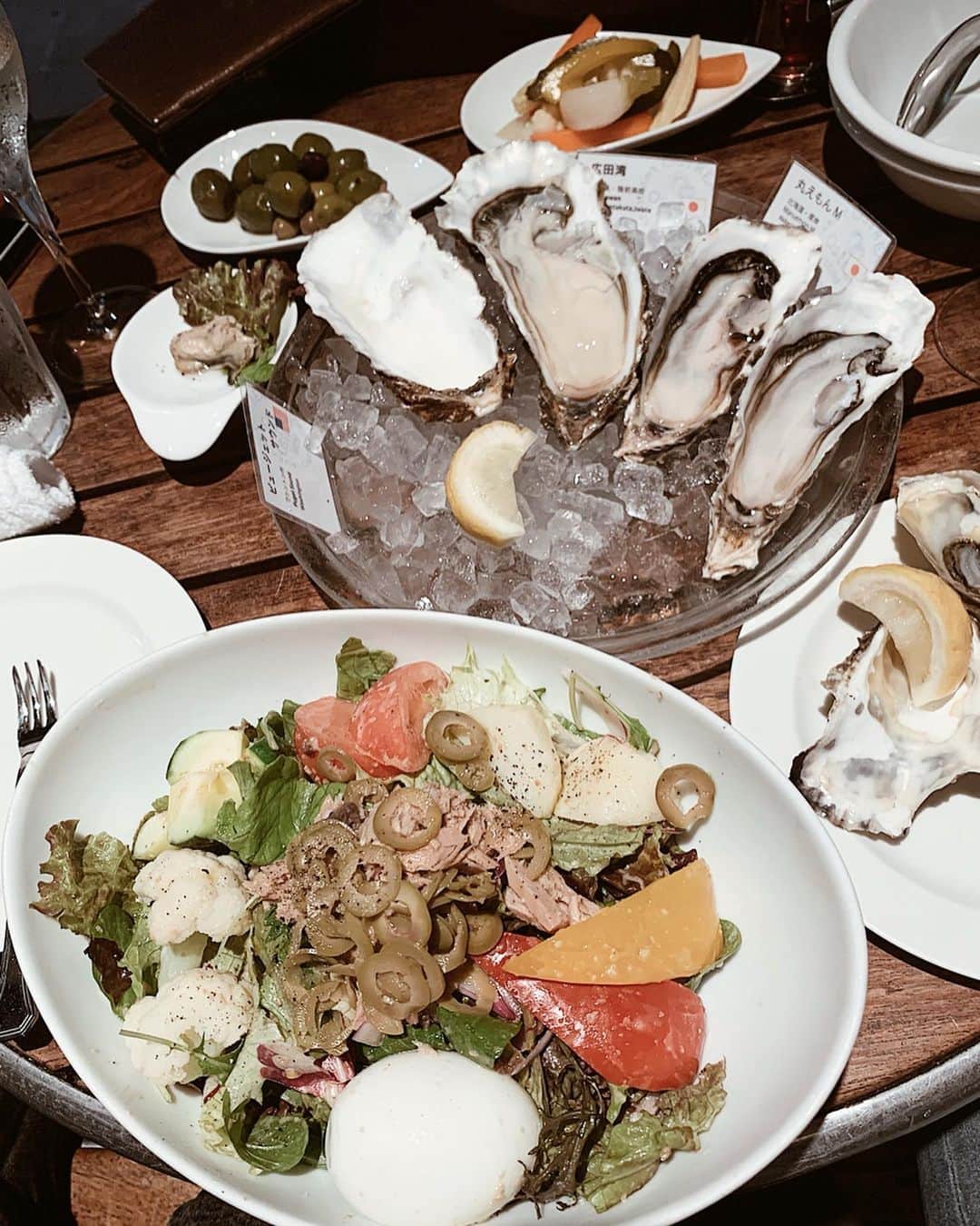 山崎みどりさんのインスタグラム写真 - (山崎みどりInstagram)「テラスで軽食﻿ ﻿ ニースサラダ🥗﻿ と﻿ 生牡蠣6種類食べ比べ❤︎﻿ ﻿ 私は［広田湾］と［丸えもん］が濃厚で美味しくて自分の好みだった👌🏻﻿ ﻿ 牡蠣にはすっきりしたシャンパン🍾&白ワインが最高🤤﻿ ﻿ ﻿ リゾットとかパスタも食べたいところだけどそれは我慢👎🏻﻿ ﻿ ﻿ 友達がオランダ土産でチーズ🧀くれたのー🙌🏻﻿Thank you ﻿ チリ味で美味しそうだけど、めっちゃ大きくて重い！（笑）﻿ ﻿ ──────────────────────────﻿ #テラス #生牡蠣 #オイスター #牡蠣 #oyster #japaneseoysters #広田湾 #丸えもん #ニースサラダ #salad #champagne #シャンパン #🍾 #🥂 #白ワイン #🥗 #テラス席 #terrace #terracecafe #涼しい」6月28日 17時05分 - midori_yamasaki_