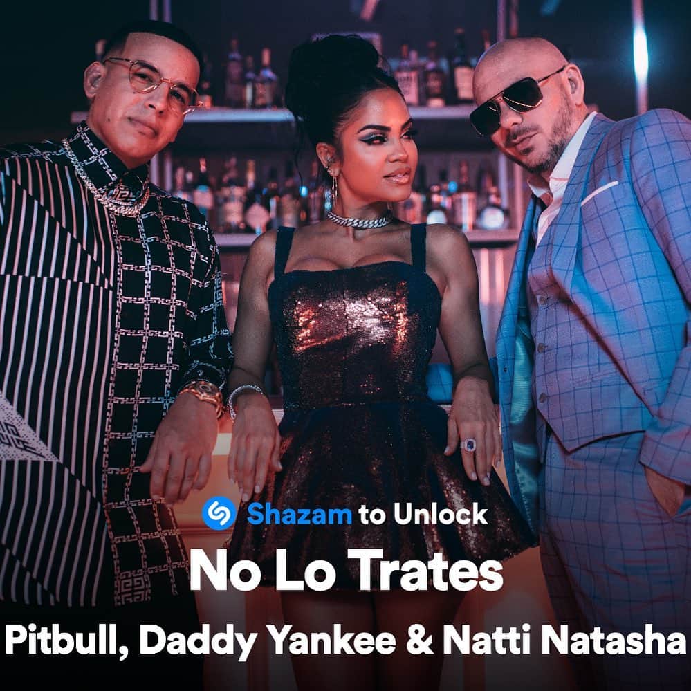 ピットブルのインスタグラム：「Next time you hear "No Lo Trates" from yours truly, @daddyyankee and @nattinatasha, #Shazam it to unlock exclusive, behind-the-scenes footage from the video shoot! Dale! 🔥🔥🔥」